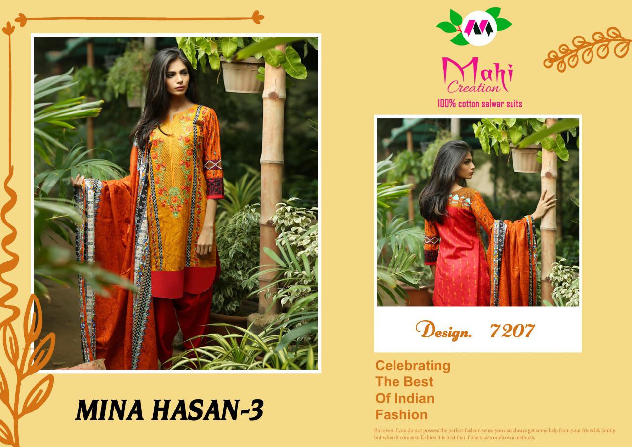 Mina Hasan Vol-3 By Mahi Creation 7201 To 7210 Series Designer Suits Beautiful Stylish Fancy Colorful Party Wear & Ethnic Wear Pure Cotton Printed Dresses At Wholesale Price