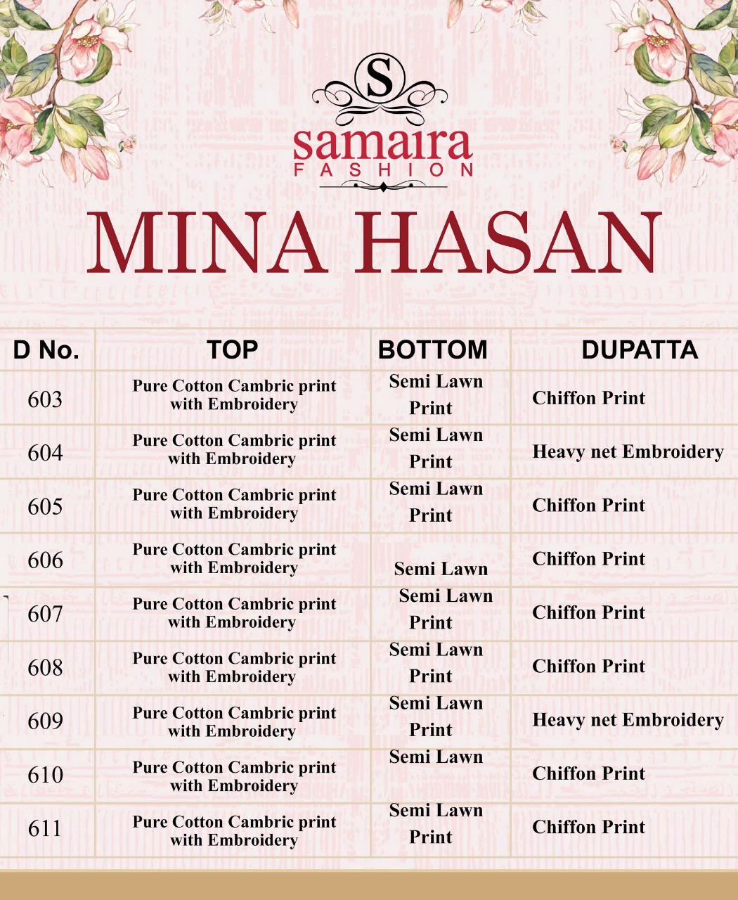 Mina Hasan By Samaira Fashion 603 To 611 Series Designer Pakistani Suits Beautiful Colorful Stylish Fancy Colorful Party Wear & Ethnic Wear Pure Cotton Printed Dresses At Wholesale Price