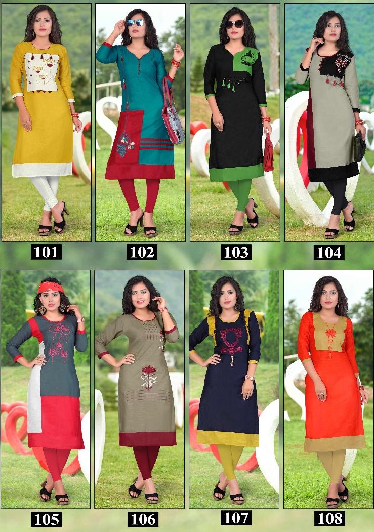 Mintoo By Viratra Tex 101 To 108 Series Stylish Colorful Fancy Beautiful Casual Wear & Ethnic Wear Collection Cotton Slub Embroidered Kurtis At Wholesale Price