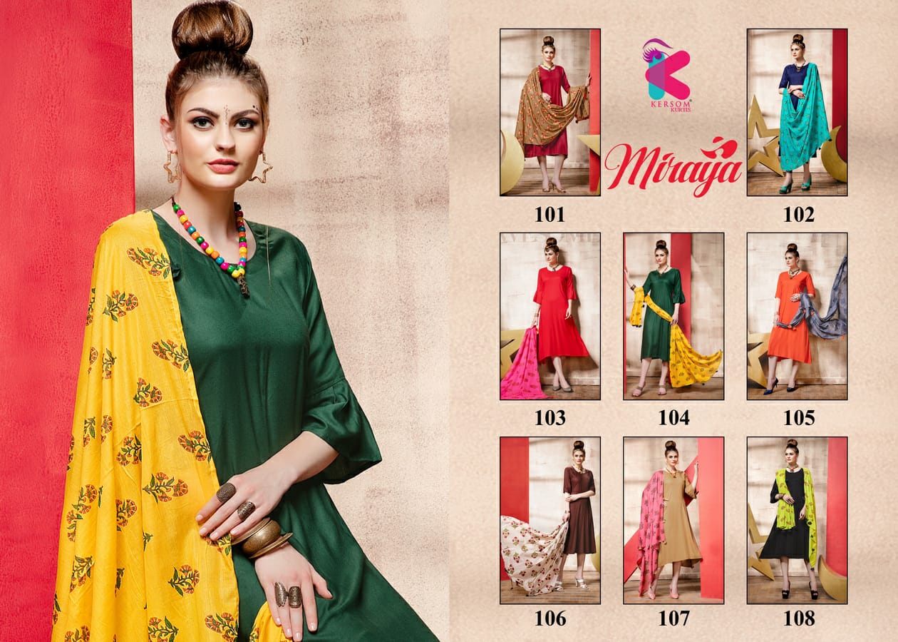 Miraya By Kersom 101 To 108 Series Beautiful Colorful Stylish Fancy Casual Wear & Ethnic Wear & Ready To Wear Rayon Silai Pattern Kurtis At Wholesale Price