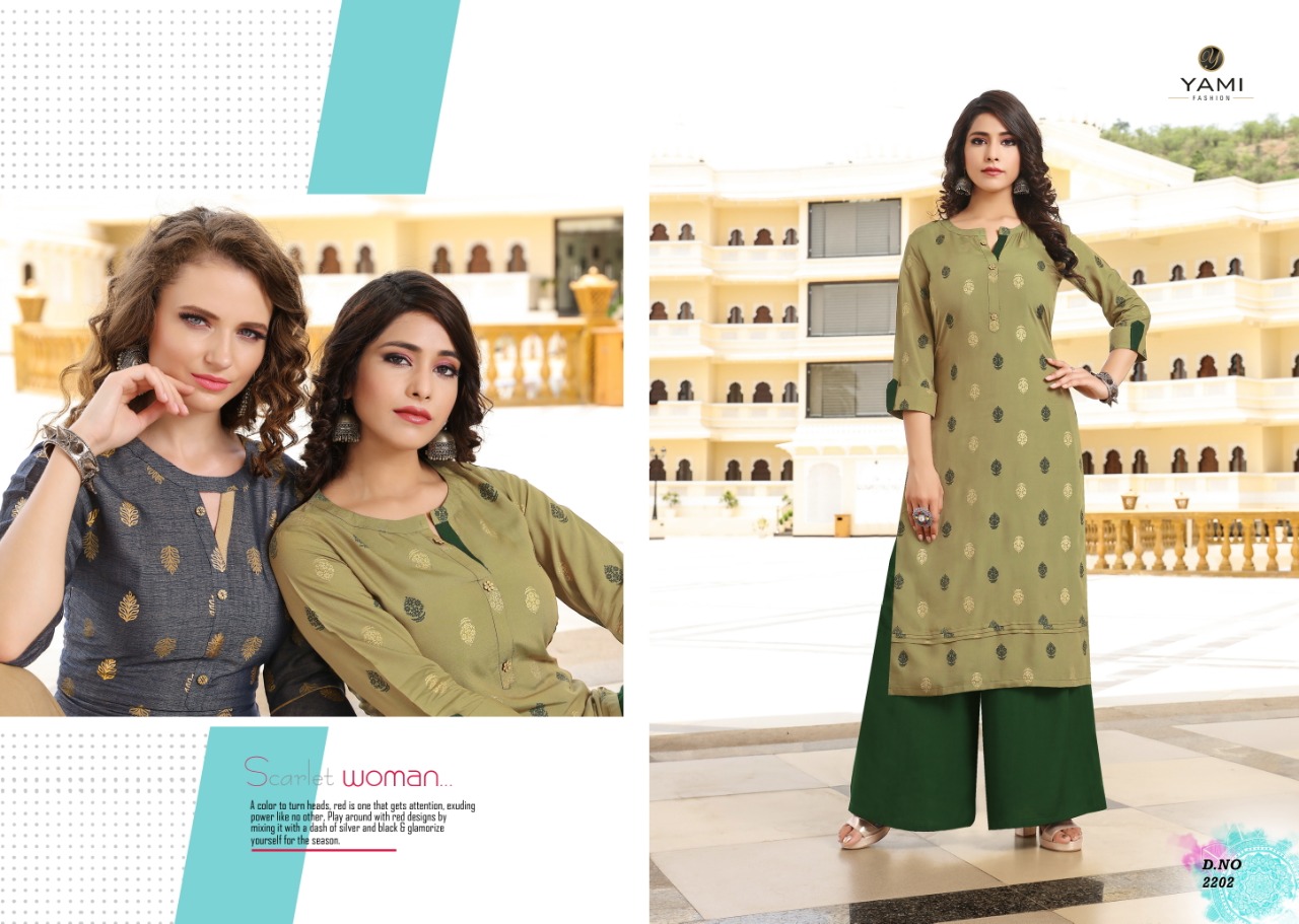 Missri By Yami Fashion 2201 To 2208 Series Beautiful Stylish Colorful Fancy Party Wear & Ethnic Wear & Ready To Wear Heavy Rayon Two Tone Kurtis With Bottom At Wholesale Price