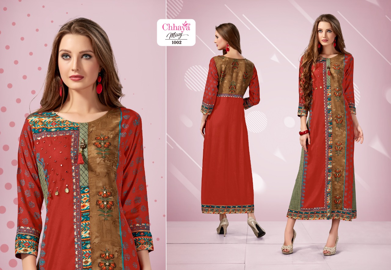 Missy By Chhaya Kurti 1001 To 1007 Series Beautiful Stylish Fancy Colorful Casual Wear & Ethnic Wear & Ready To Wear Heavy Rayon Fabric With Embroidery Kurtis At Wholesale Price
