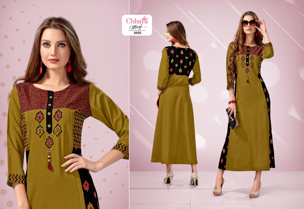 Missy By Chhaya Kurti 1001 To 1007 Series Beautiful Stylish Fancy Colorful Casual Wear & Ethnic Wear & Ready To Wear Heavy Rayon Fabric With Embroidery Kurtis At Wholesale Price