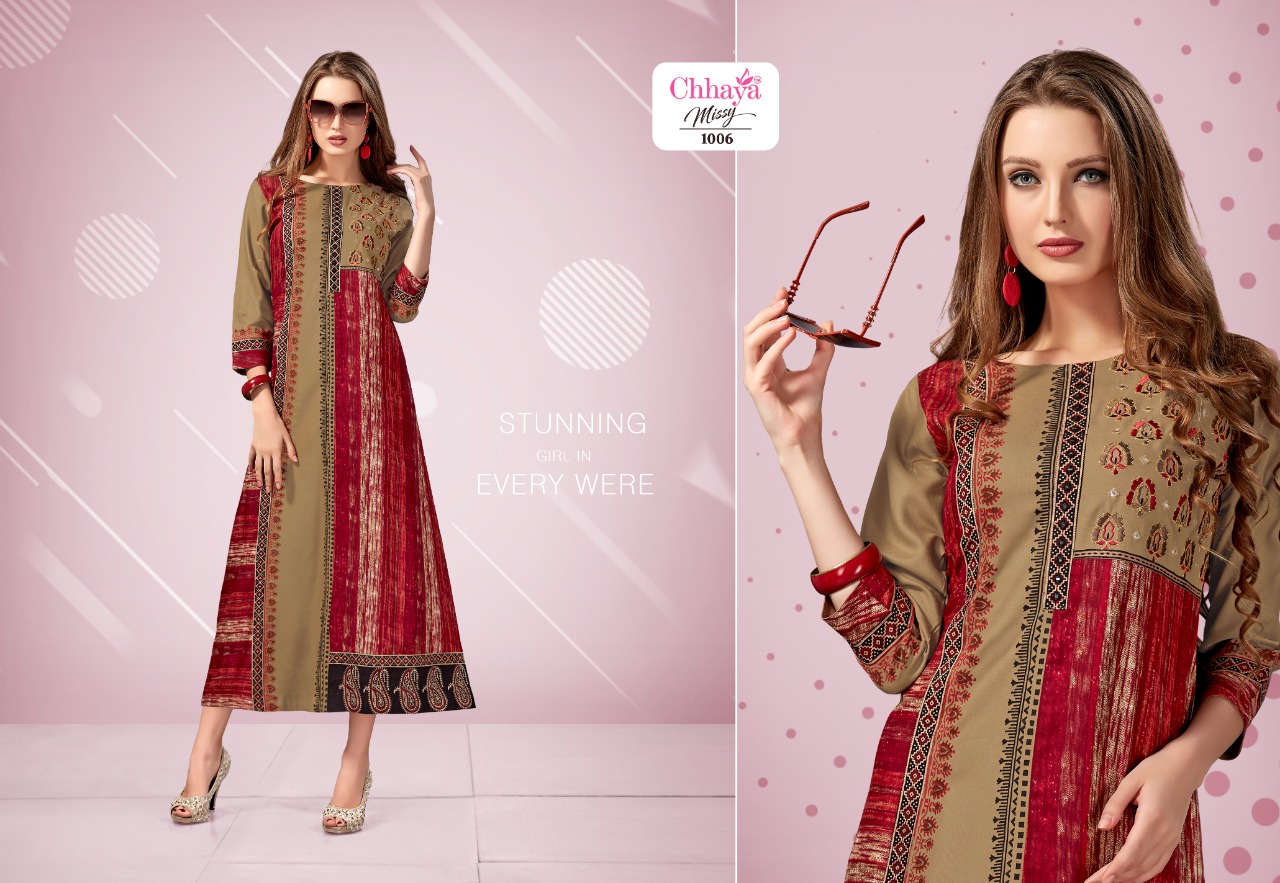 Missy By Chhaya Kurti 1001 To 1007 Series Beautiful Stylish Fancy Colorful Casual Wear & Ethnic Wear & Ready To Wear Heavy Rayon Fabric With Embroidery Kurtis At Wholesale Price