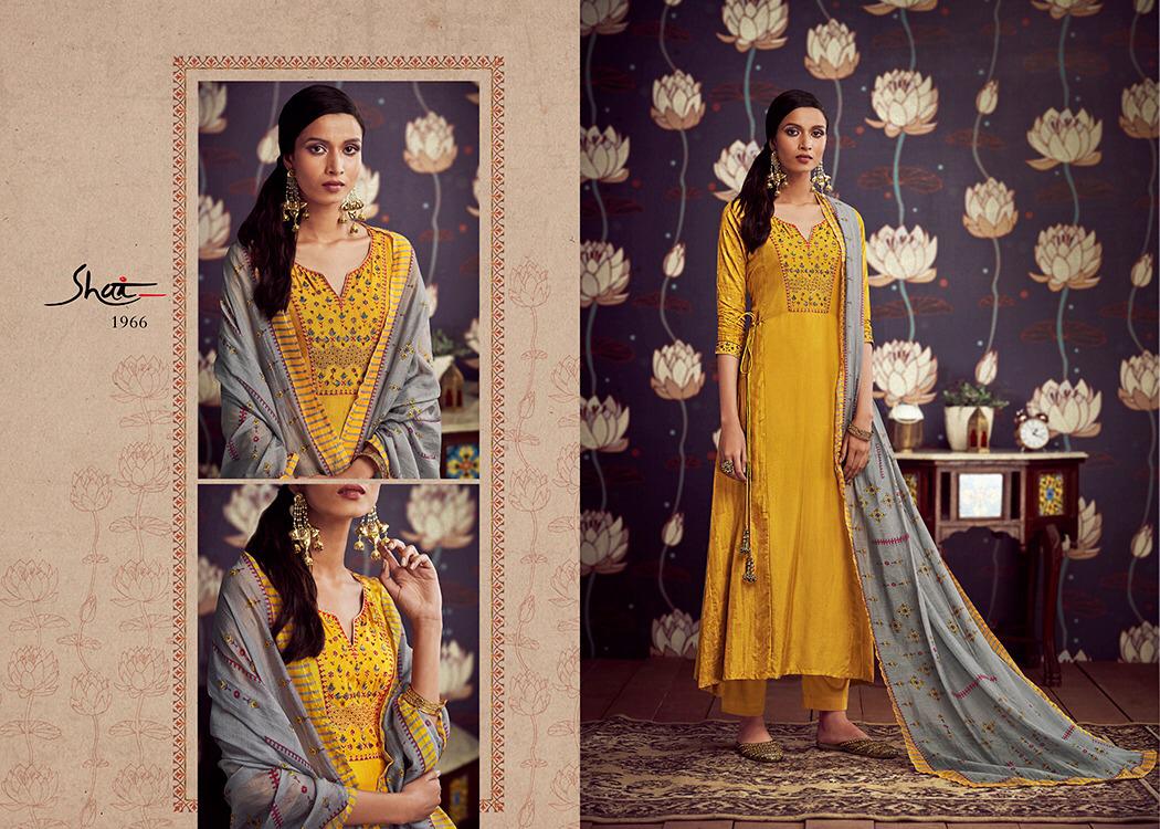 Modesta By Shai 1961 To 1968 Series Beautiful Suits Stylish Colorful Fancy Casual Wear & Ethnic Wear Pure Russian Silk Gold Print With Hand Work Dresses At Wholesale Price