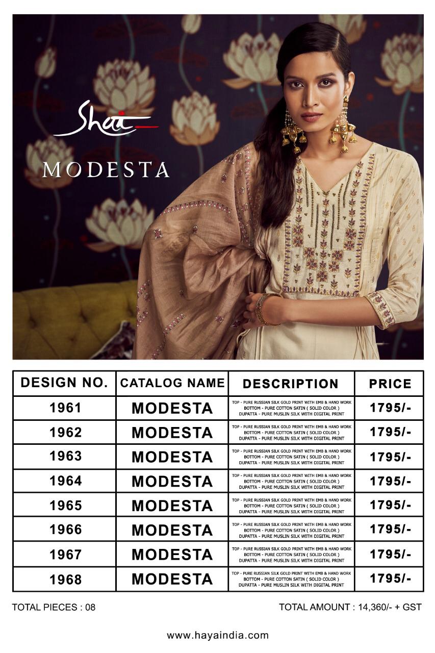 Modesta By Shai 1961 To 1968 Series Beautiful Suits Stylish Colorful Fancy Casual Wear & Ethnic Wear Pure Russian Silk Gold Print With Hand Work Dresses At Wholesale Price