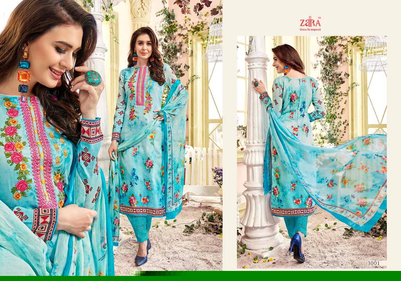 Mohabbatein By Zaira 3001 To 3008 Series Beautiful Stylish Fancy Colorful Casual Wear & Ethnic Wear Collection Pure Cotton Satin Embroidered Dresses At Wholesale Price