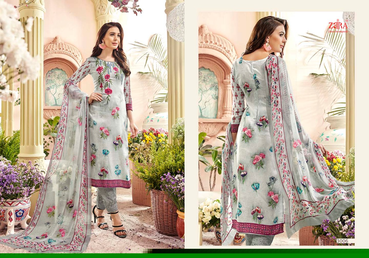 Mohabbatein By Zaira 3001 To 3008 Series Beautiful Stylish Fancy Colorful Casual Wear & Ethnic Wear Collection Pure Cotton Satin Embroidered Dresses At Wholesale Price