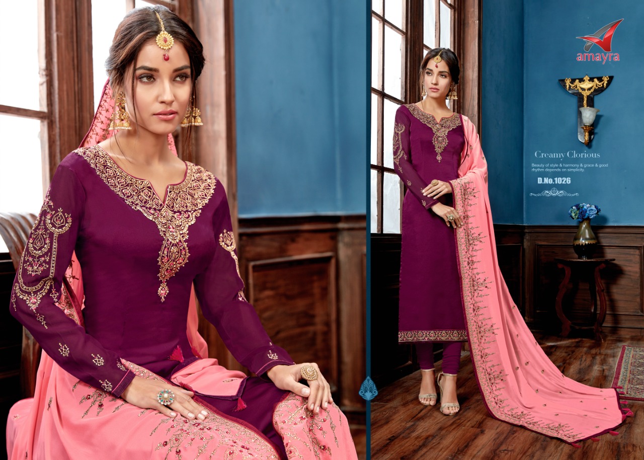 Monisha By Amyra 1025 To 1032 Series Beautiful Suits Stylish Colorful Fancy Casual Wear & Ethnic Wear Satin Georgette Dresses At Wholesale Price
