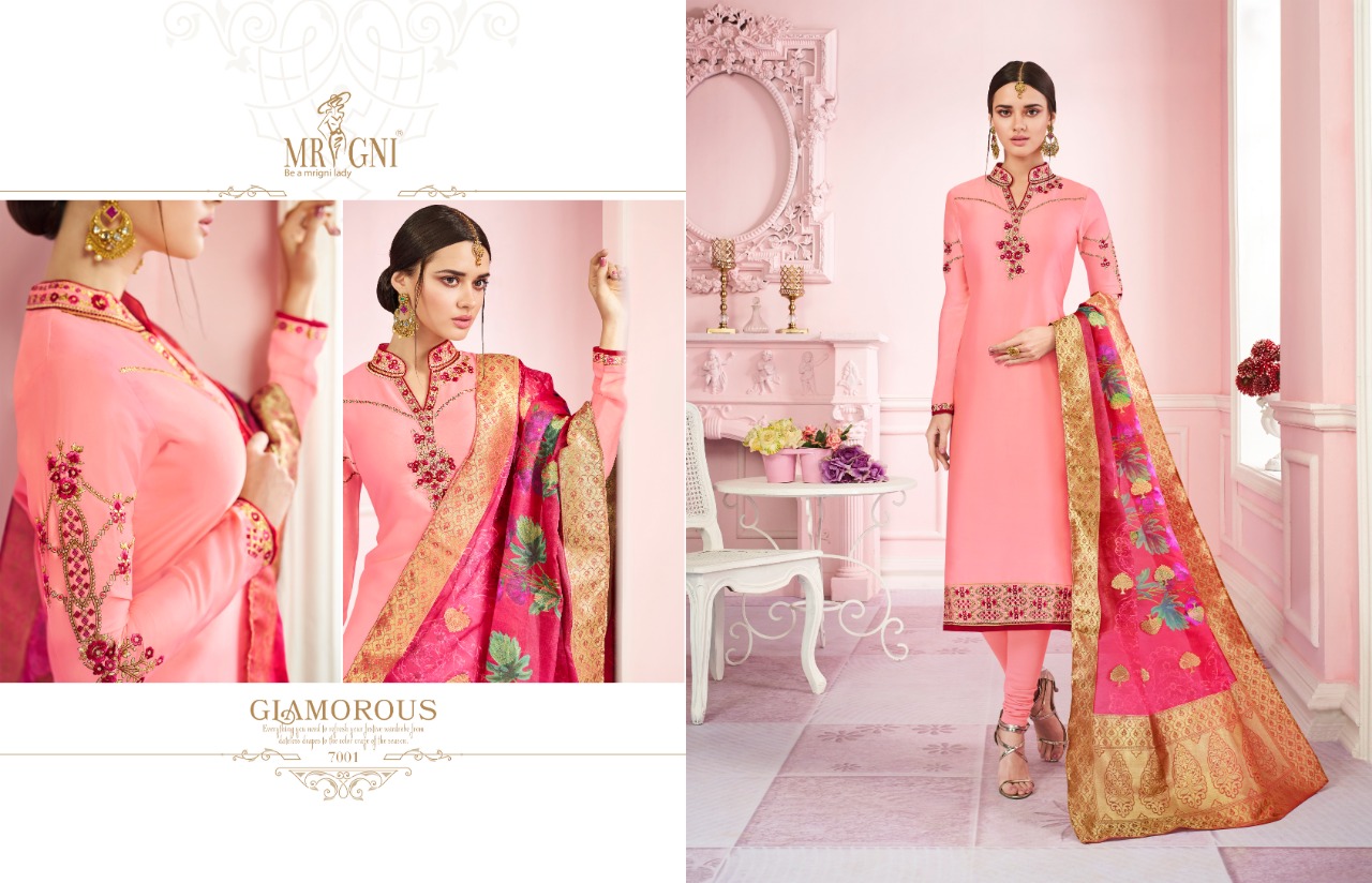 Mrigni Vol-7 By Mrigni 7001 To 7008 Series Indian Traditional Wear Collection Beautiful Stylish Fancy Colorful Party Wear & Occasional Wear Satin Georgette Dress At Wholesale Price