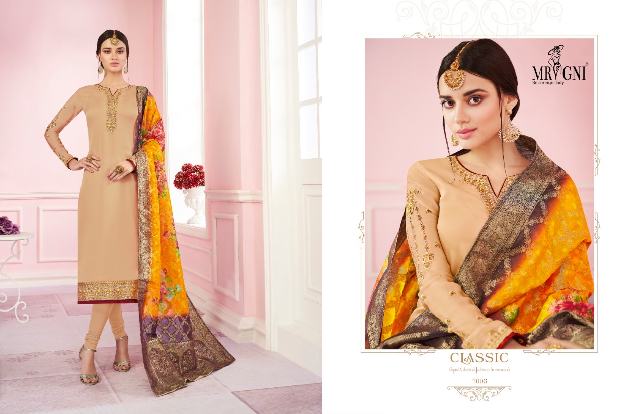 Mrigni Vol-7 By Mrigni 7001 To 7008 Series Indian Traditional Wear Collection Beautiful Stylish Fancy Colorful Party Wear & Occasional Wear Satin Georgette Dress At Wholesale Price