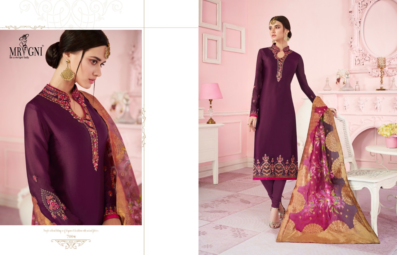 Mrigni Vol-7 By Mrigni 7001 To 7008 Series Indian Traditional Wear Collection Beautiful Stylish Fancy Colorful Party Wear & Occasional Wear Satin Georgette Dress At Wholesale Price