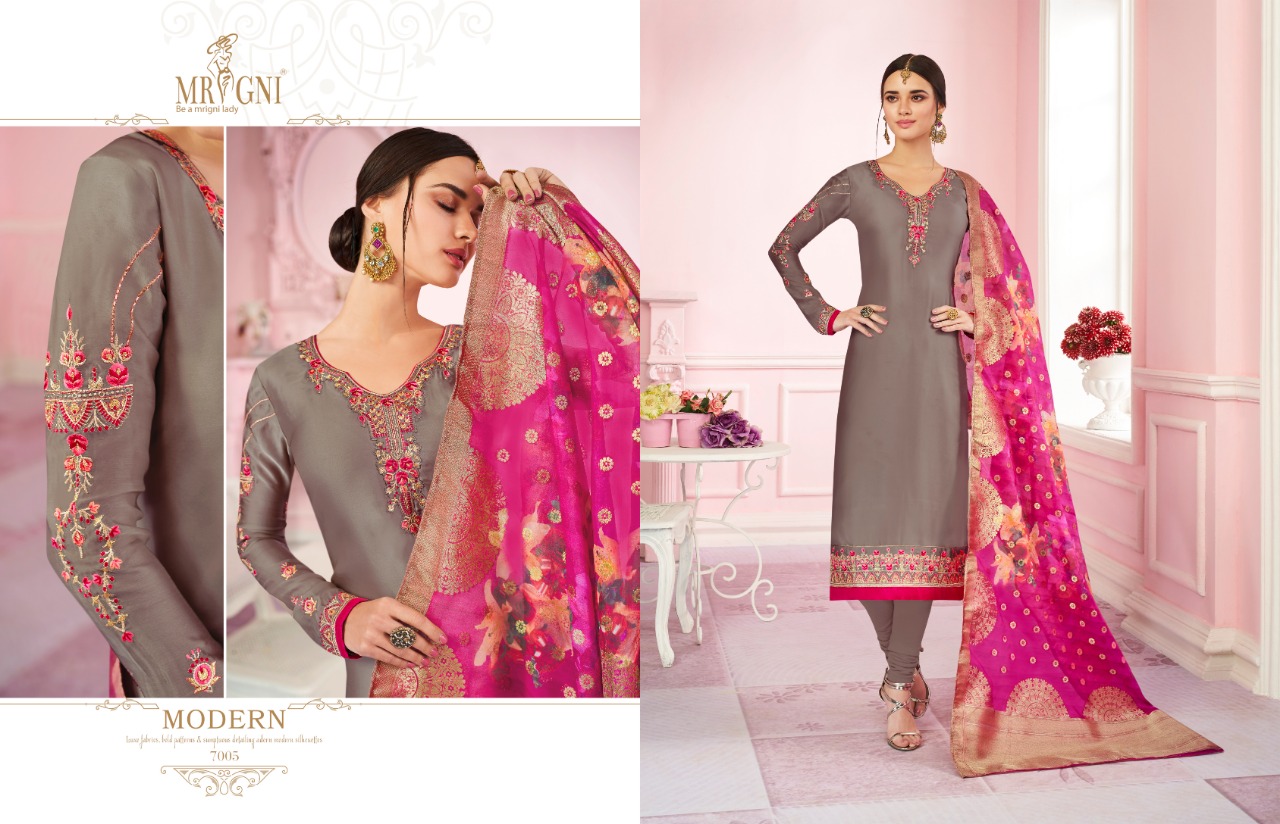 Mrigni Vol-7 By Mrigni 7001 To 7008 Series Indian Traditional Wear Collection Beautiful Stylish Fancy Colorful Party Wear & Occasional Wear Satin Georgette Dress At Wholesale Price