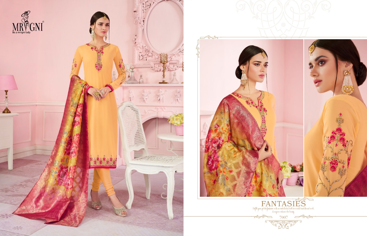 Mrigni Vol-7 By Mrigni 7001 To 7008 Series Indian Traditional Wear Collection Beautiful Stylish Fancy Colorful Party Wear & Occasional Wear Satin Georgette Dress At Wholesale Price
