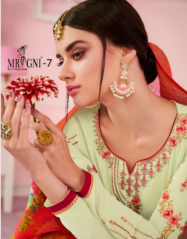 Mrigni Vol-7 By Mrigni 7001 To 7008 Series Indian Traditional Wear Collection Beautiful Stylish Fancy Colorful Party Wear & Occasional Wear Satin Georgette Dress At Wholesale Price