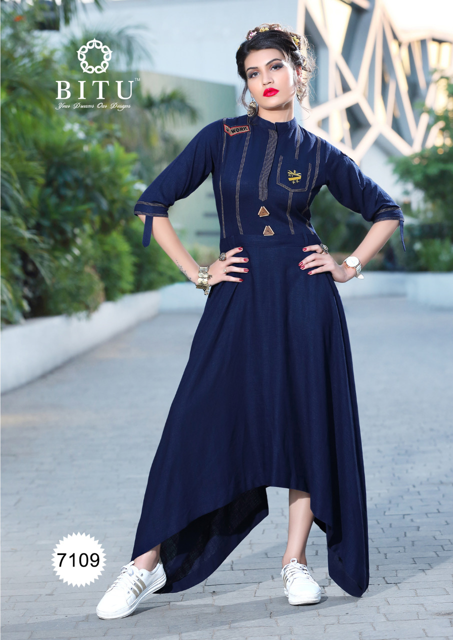 Muskaan Vol-2 By Bitu 7109 To 7114 Series Designer Stylish Beautiful Fancy Colorful Party Wear & Ethnic Wear & Ready To Wear Sabras Miletry Kurtis At Wholesale Price