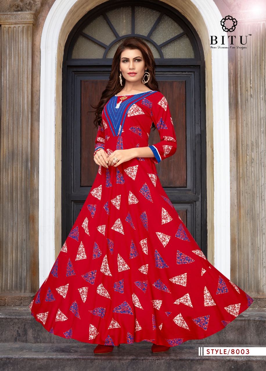 Muskaan Vol-3 By Bitu 8001 To 8008 Series Designer Stylish Beautiful Fancy Colorful Party Wear & Ethnic Wear & Ready To Wear Rayon Print Kurtis At Wholesale Price