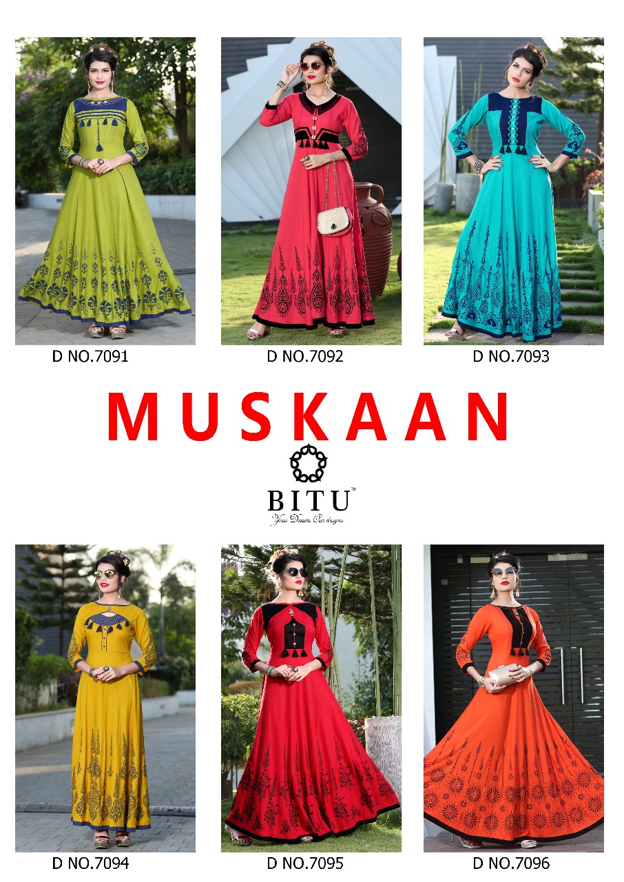 Muskaan By Bitu 7091 To 7096 Series Designer Beautiful Stylish Fancy Colorful Casual Wear & Ethnic Wear Heavy Rayon Kurtis At Wholesale Price