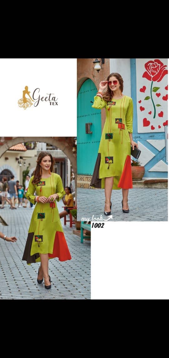 My Look By Geeta Tex 1001 To 1009 Series Beautiful Stylish Fancy Colorful Casual Wear & Ethnic Wear & Ready To Wear Pure Rayon Printed Kurtis At Wholesale Price