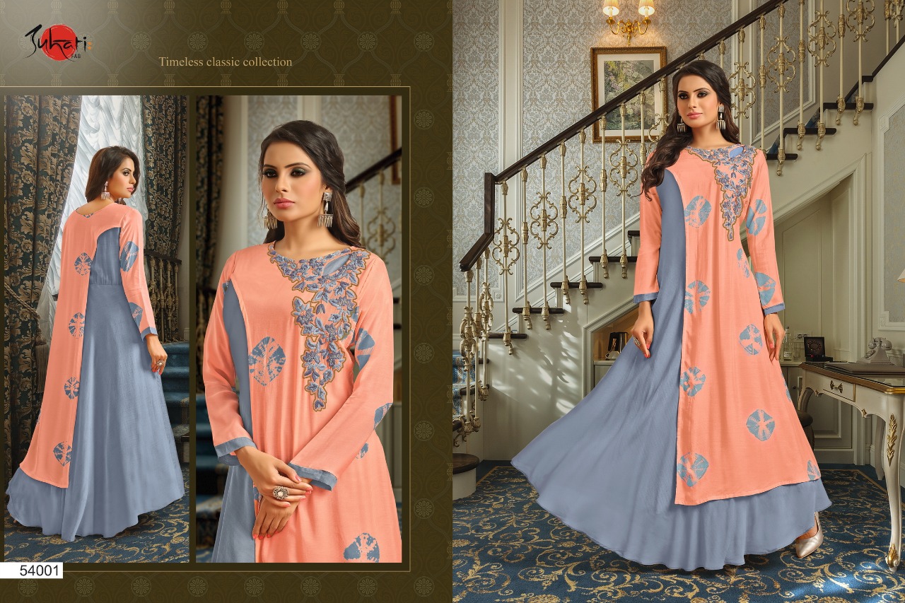 Myra Vol-5 By Suhati Fab 54000 To 54009 Series Designer Gown Collection Beautiful Colorful Stylish Fancy Party Wear & Ready To Wear & Ethnic Wear Satin & Muslin Silk Gowns At Wholesale Price