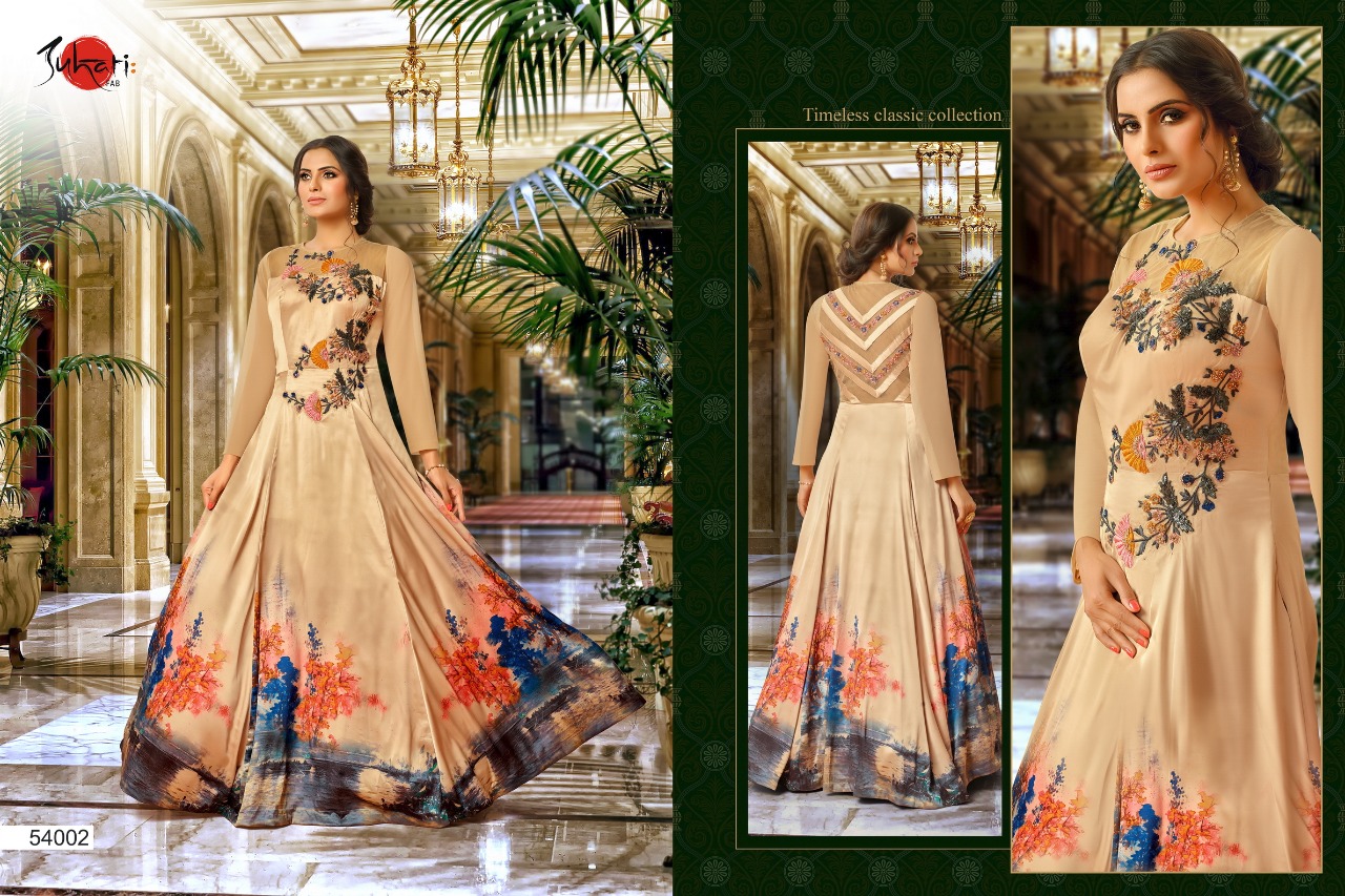 Myra Vol-5 By Suhati Fab 54000 To 54009 Series Designer Gown Collection Beautiful Colorful Stylish Fancy Party Wear & Ready To Wear & Ethnic Wear Satin & Muslin Silk Gowns At Wholesale Price
