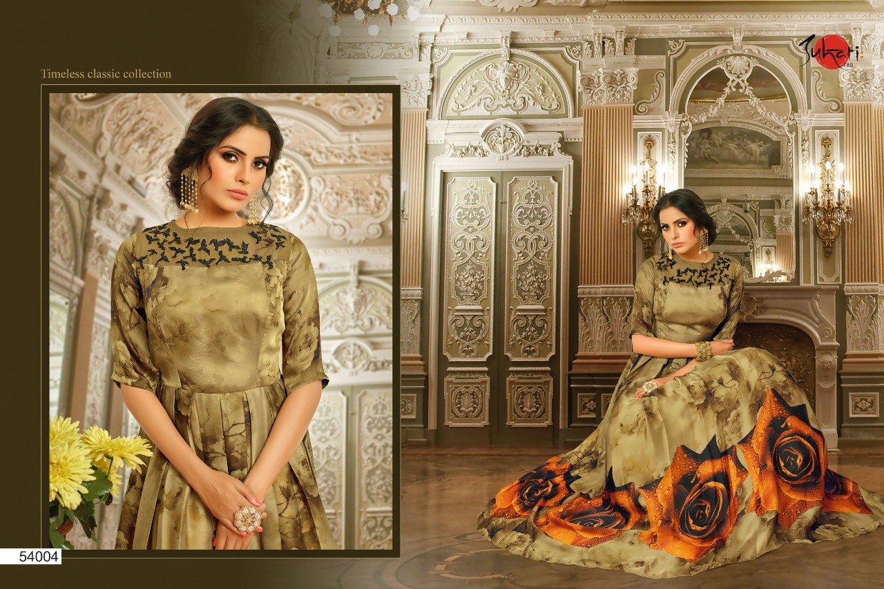 Myra Vol-5 By Suhati Fab 54000 To 54009 Series Designer Gown Collection Beautiful Colorful Stylish Fancy Party Wear & Ready To Wear & Ethnic Wear Satin & Muslin Silk Gowns At Wholesale Price