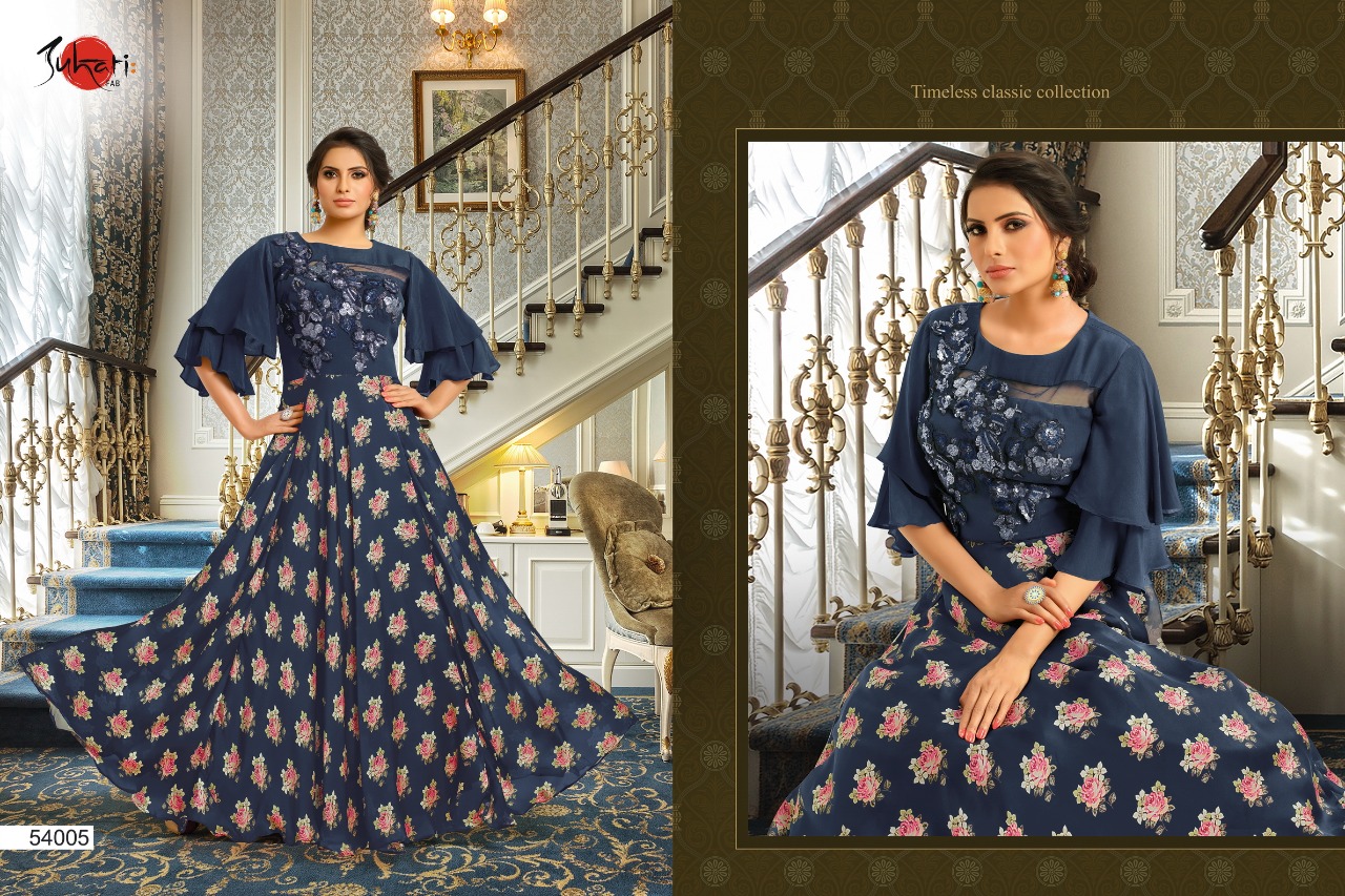 Myra Vol-5 By Suhati Fab 54000 To 54009 Series Designer Gown Collection Beautiful Colorful Stylish Fancy Party Wear & Ready To Wear & Ethnic Wear Satin & Muslin Silk Gowns At Wholesale Price