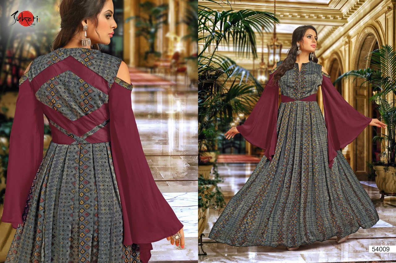 Myra Vol-5 By Suhati Fab 54000 To 54009 Series Designer Gown Collection Beautiful Colorful Stylish Fancy Party Wear & Ready To Wear & Ethnic Wear Satin & Muslin Silk Gowns At Wholesale Price