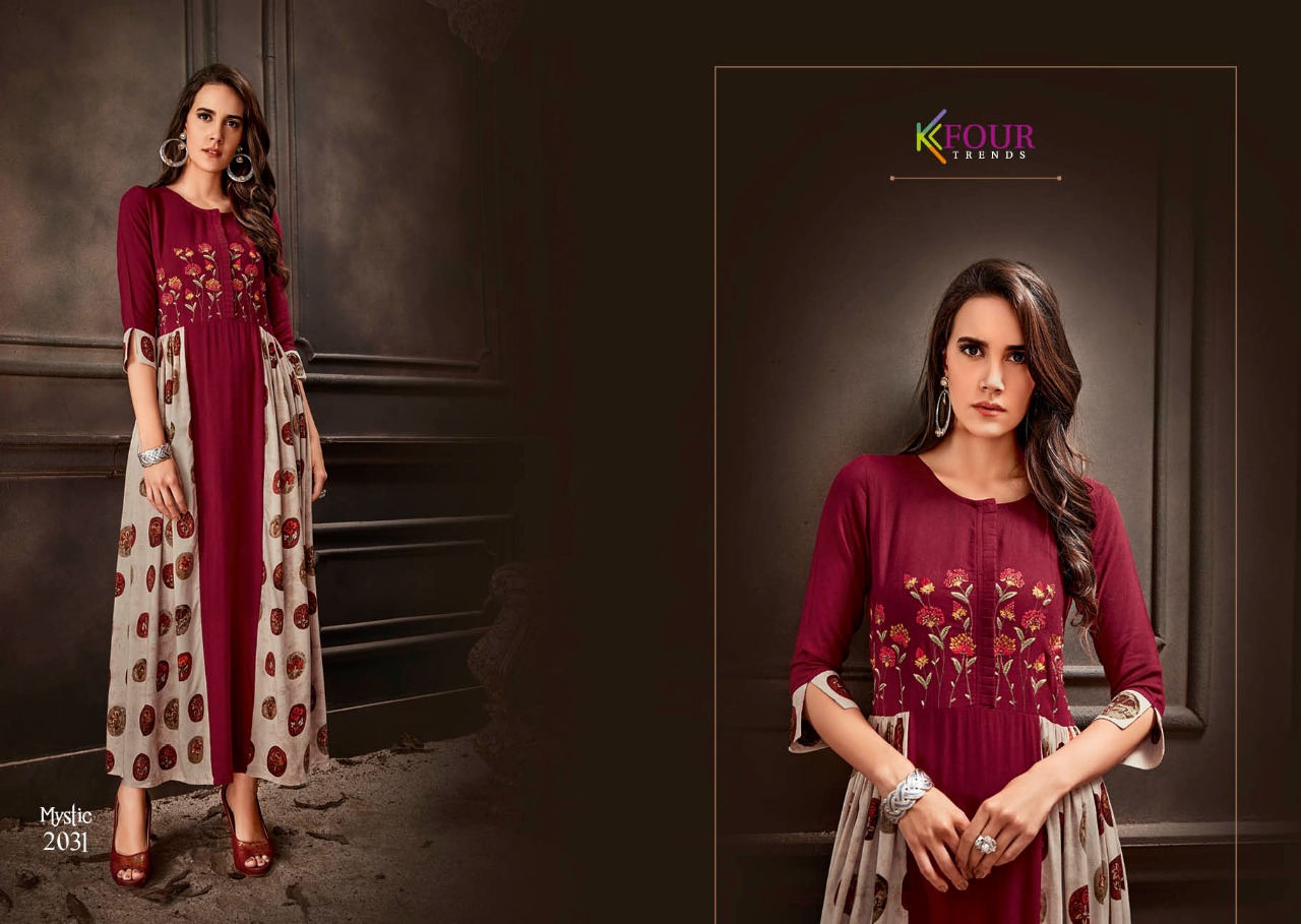 Mystic By Kfour Trends 2031 To 2037 Series Beautiful Colorful Stylish Fancy Casual Wear & Ethnic Wear & Ready To Wear Rayon Flex Embroidered Kurtis At Wholesale Price