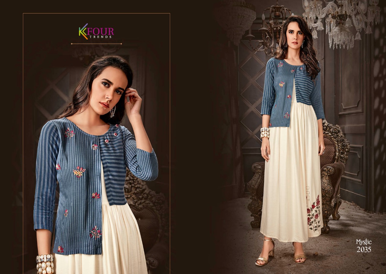 Mystic By Kfour Trends 2031 To 2037 Series Beautiful Colorful Stylish Fancy Casual Wear & Ethnic Wear & Ready To Wear Rayon Flex Embroidered Kurtis At Wholesale Price