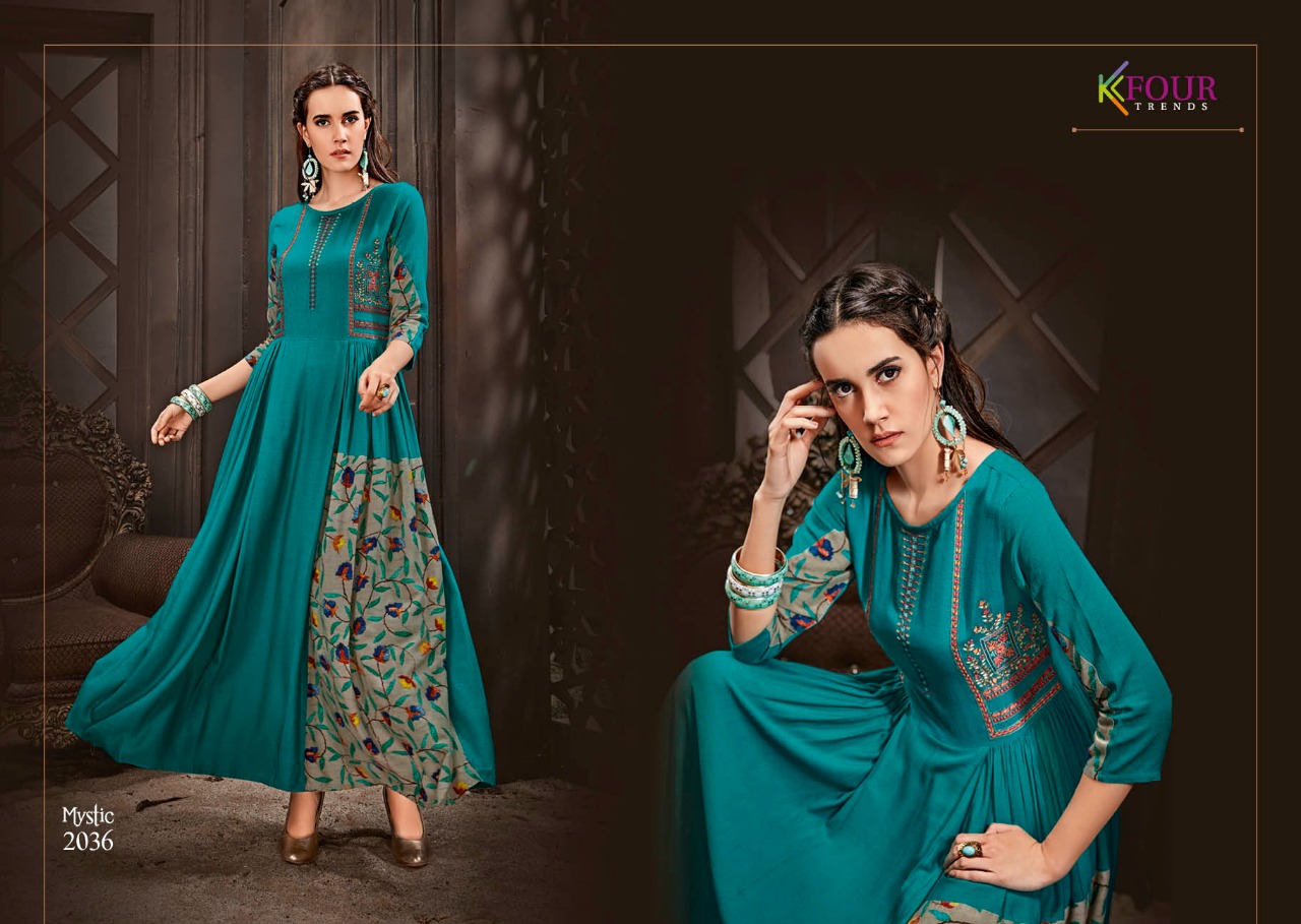 Mystic By Kfour Trends 2031 To 2037 Series Beautiful Colorful Stylish Fancy Casual Wear & Ethnic Wear & Ready To Wear Rayon Flex Embroidered Kurtis At Wholesale Price