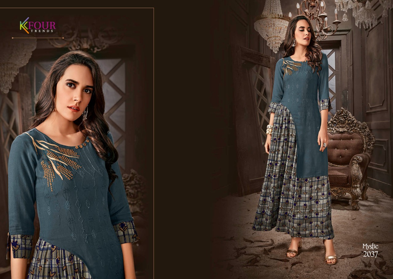 Mystic By Kfour Trends 2031 To 2037 Series Beautiful Colorful Stylish Fancy Casual Wear & Ethnic Wear & Ready To Wear Rayon Flex Embroidered Kurtis At Wholesale Price
