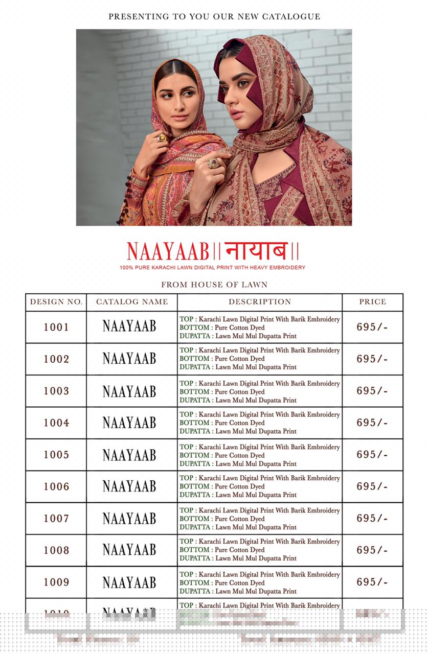 Naayaab By House Of Lawn 1001 To 1010 Series Beautiful Suits Stylish Colorful Fancy Casual Wear & Ethnic Wear Karachi Lawn Digital Print With Embroidery Dresses At Wholesale Price
