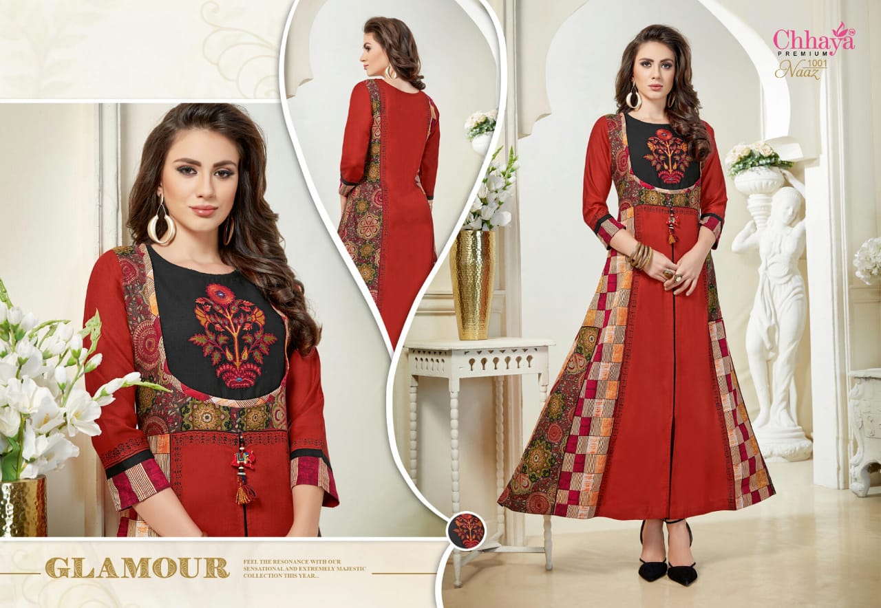 Naaz By Chhaya 1001 To 1007 Series Beautiful Colorful Stylish Fancy Casual Wear & Ethnic Wear & Ready To Wear Heavy Rayon Printed & Embroidered Kurtis At Wholesale Price