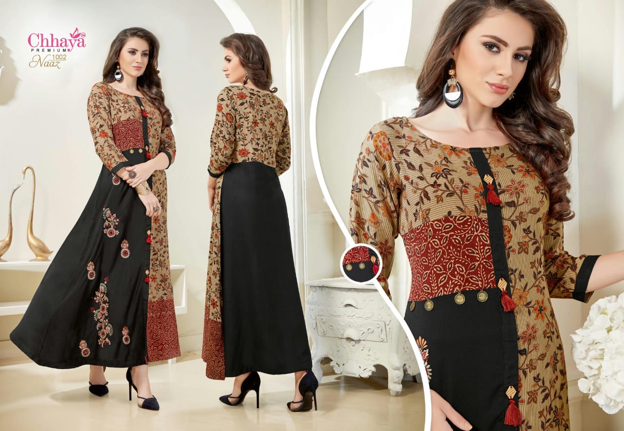 Naaz By Chhaya 1001 To 1007 Series Beautiful Colorful Stylish Fancy Casual Wear & Ethnic Wear & Ready To Wear Heavy Rayon Printed & Embroidered Kurtis At Wholesale Price