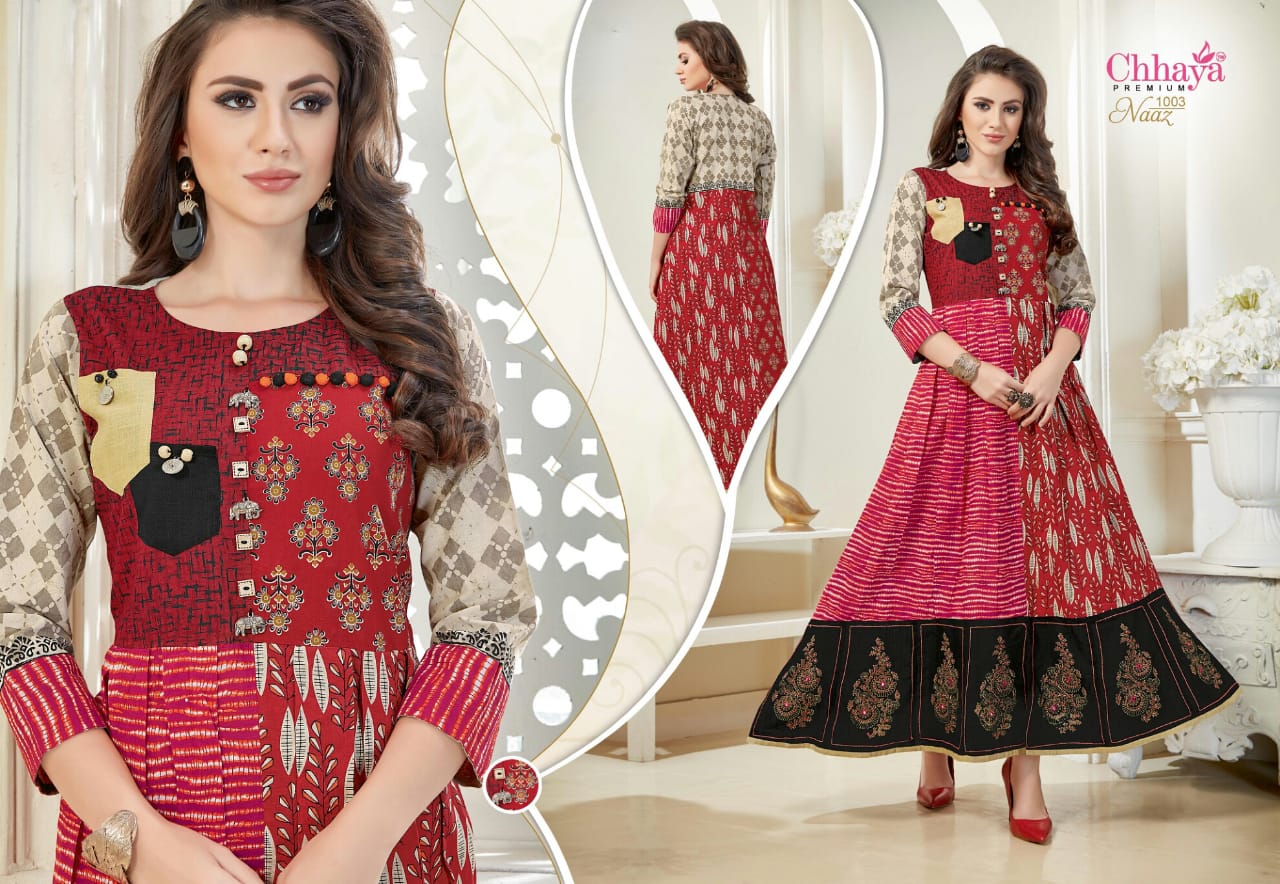 Naaz By Chhaya 1001 To 1007 Series Beautiful Colorful Stylish Fancy Casual Wear & Ethnic Wear & Ready To Wear Heavy Rayon Printed & Embroidered Kurtis At Wholesale Price