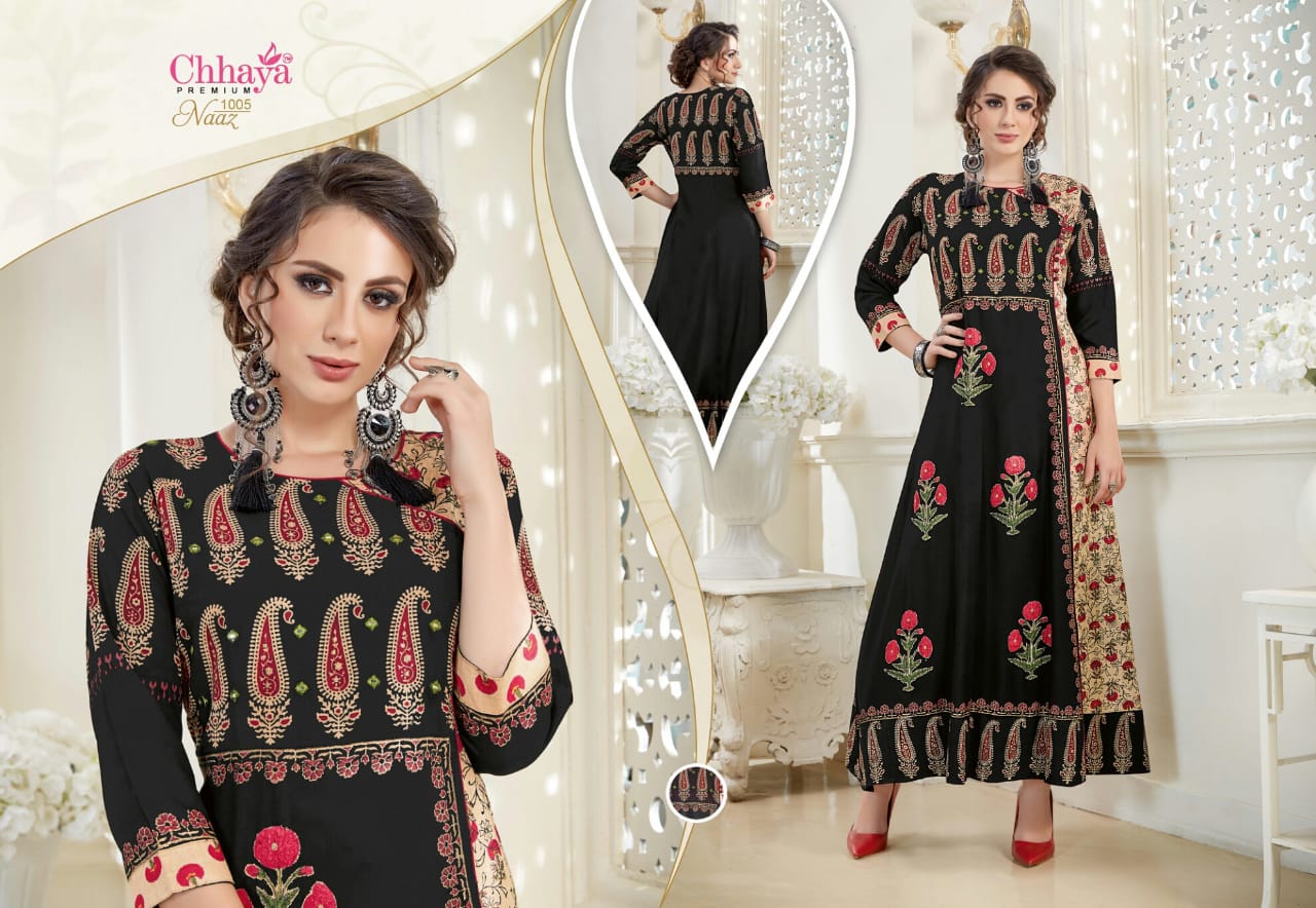 Naaz By Chhaya 1001 To 1007 Series Beautiful Colorful Stylish Fancy Casual Wear & Ethnic Wear & Ready To Wear Heavy Rayon Printed & Embroidered Kurtis At Wholesale Price