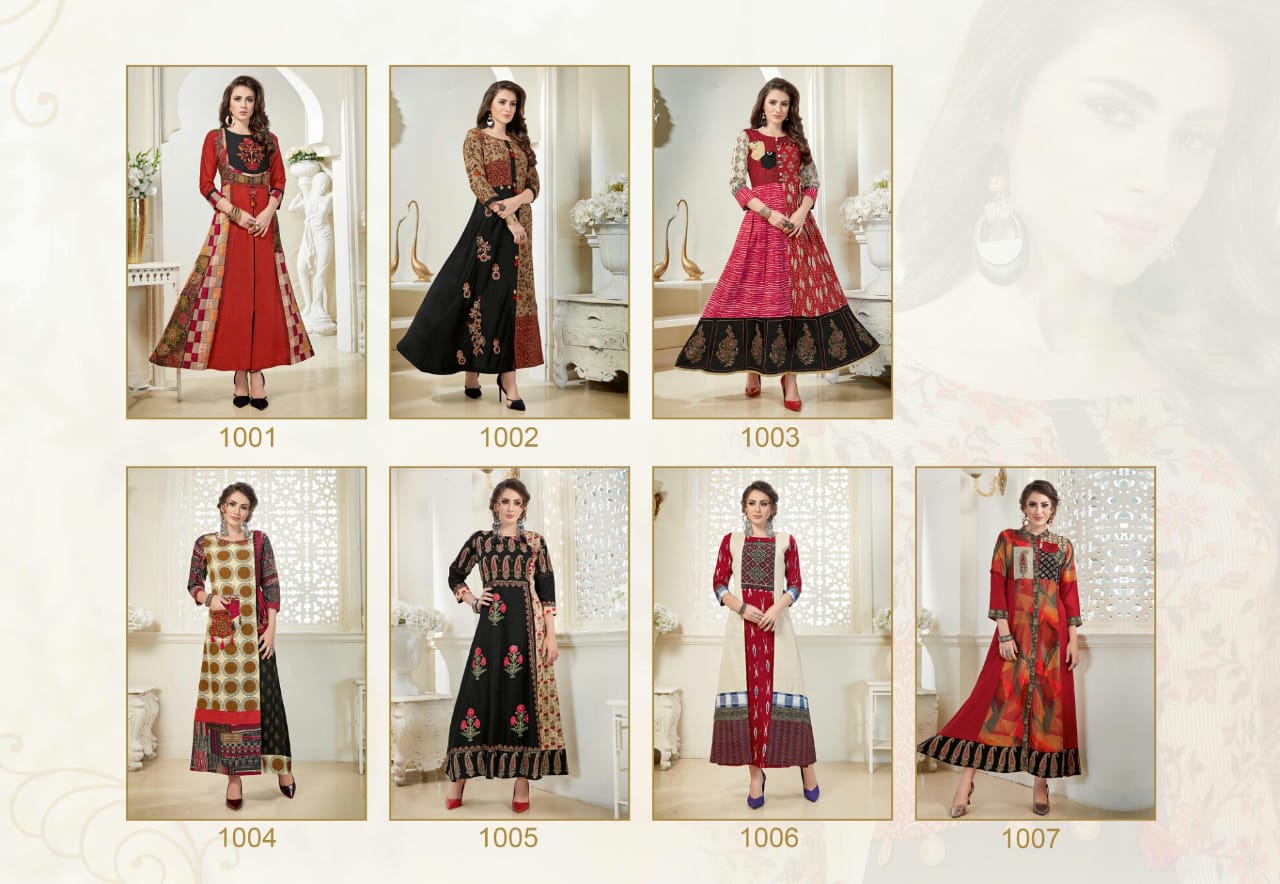 Naaz By Chhaya 1001 To 1007 Series Beautiful Colorful Stylish Fancy Casual Wear & Ethnic Wear & Ready To Wear Heavy Rayon Printed & Embroidered Kurtis At Wholesale Price