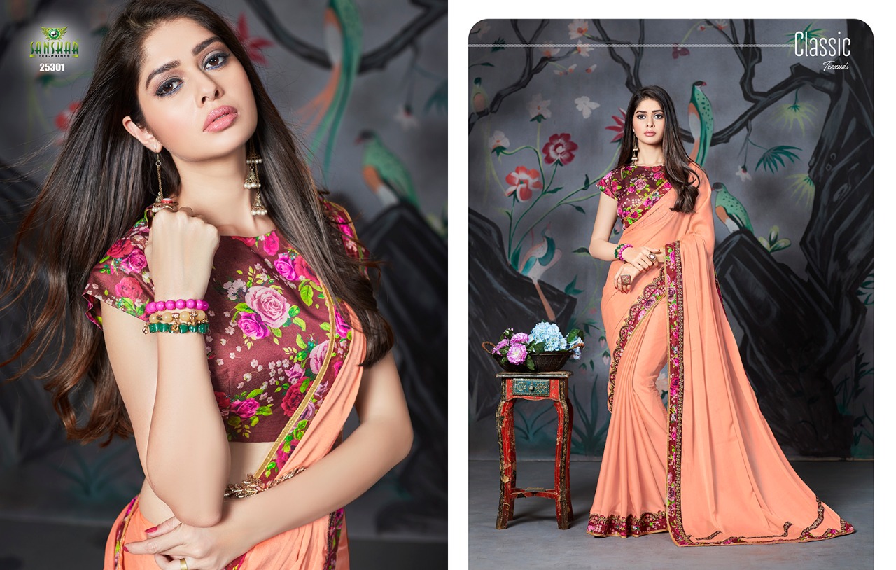 Naksh By Sanskar Tex Print 25301 To 25312 Series Indian Traditional Wear Collection Beautiful Stylish Fancy Colorful Party Wear & Occasional Wear Chiffon And Georgette Printed Sarees At Wholesale Price