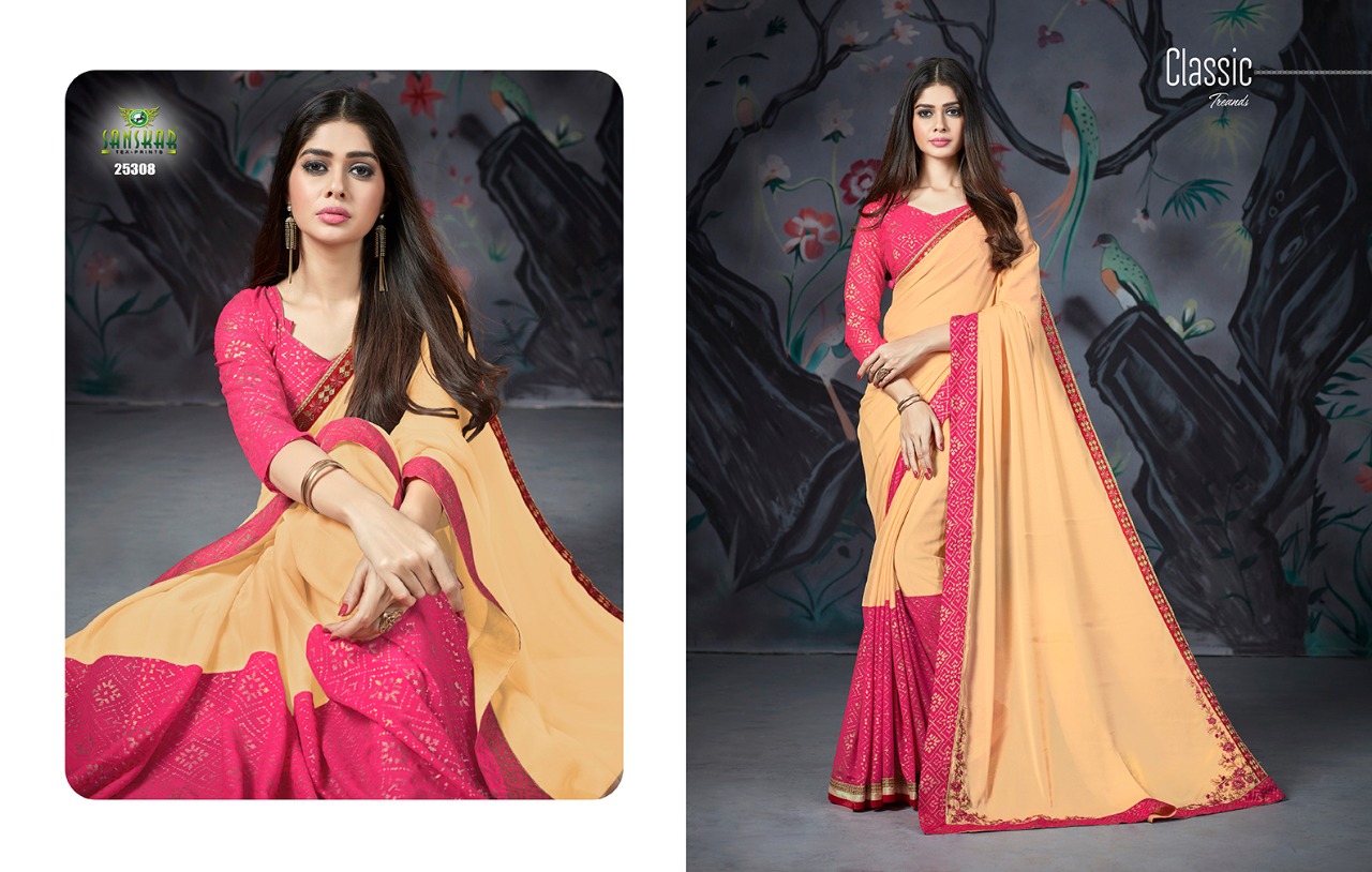 Naksh By Sanskar Tex Print 25301 To 25312 Series Indian Traditional Wear Collection Beautiful Stylish Fancy Colorful Party Wear & Occasional Wear Chiffon And Georgette Printed Sarees At Wholesale Price