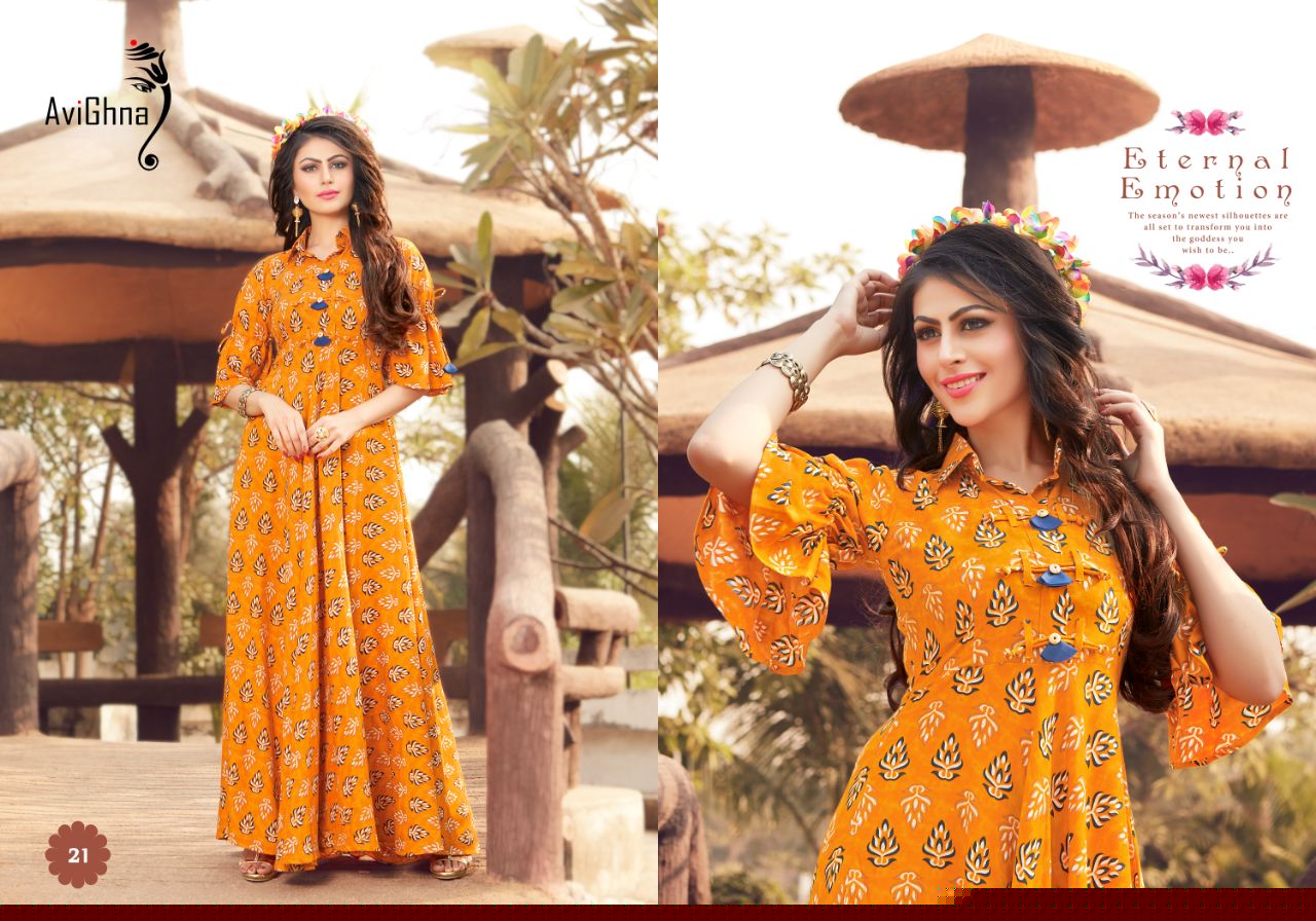 Navlika Vol-1 By Avighna Creation 21 To 30 Series Beautiful Colorful Stylish Fancy Casual Wear & Ethnic Wear & Ready To Wear Heavy Rayon Printed & Work Kurtis At Wholesale Price