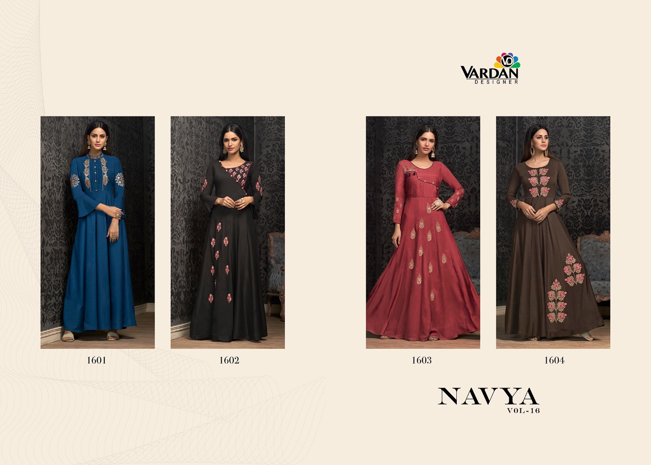 Navya Vol-16 By Vardan Designer 1601 To 1604 Series Beautiful Stylish Fancy Colorful Casual Wear & Ethnic Wear & Ready To Wear Muslin With Embroidery Gowns At Wholesale Price