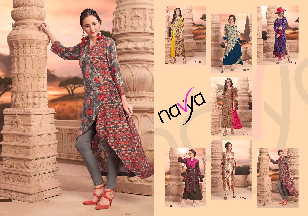 Navya By Vardhita 1001 To 1007 Series Designer Beautiful Fancy Colorful Stylish Party Wear & Ethnic Wear Rayon Printed Kurtis At Wholesale Price