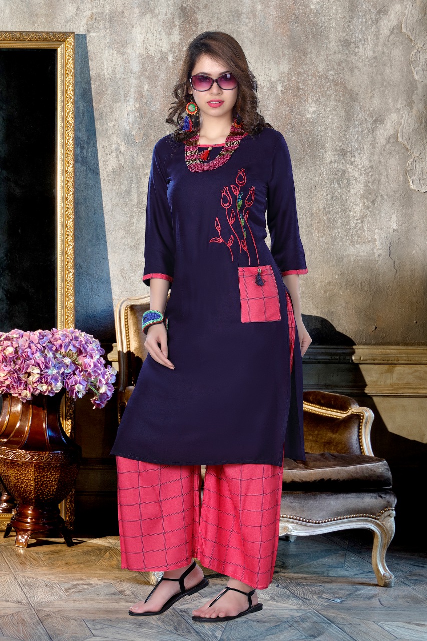 Nayra By Kenzer Creation 01 To 08 Series Beautiful Stylish Fancy Colorful Casual Wear & Ethnic Wear & Ready To Wear Rayon Embroidered Kurtis & Palazzos At Wholesale Price