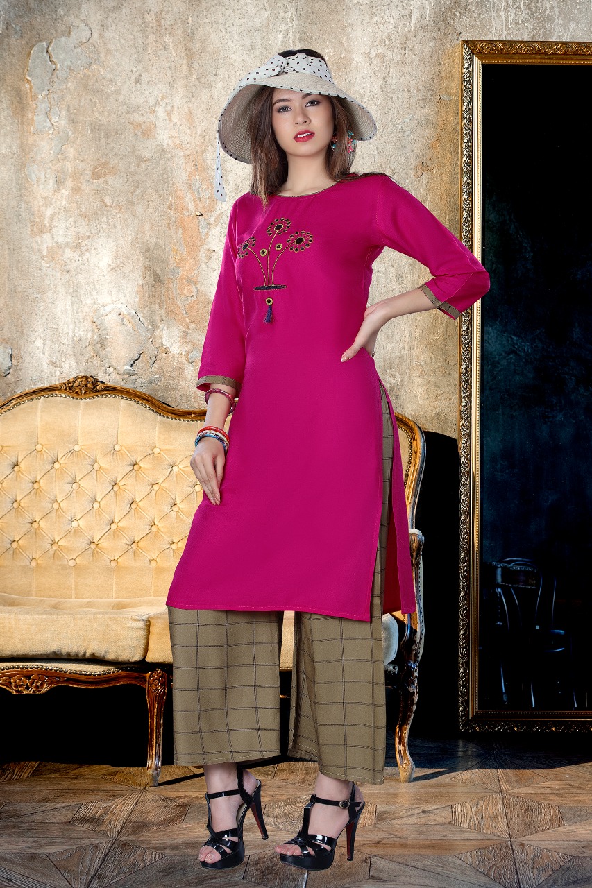 Nayra By Kenzer Creation 01 To 08 Series Beautiful Stylish Fancy Colorful Casual Wear & Ethnic Wear & Ready To Wear Rayon Embroidered Kurtis & Palazzos At Wholesale Price