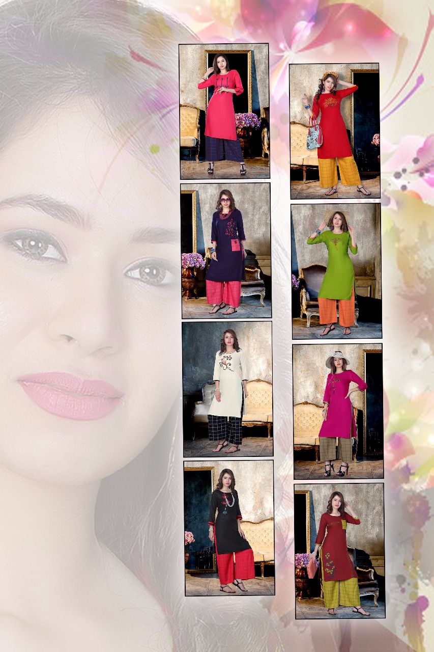 Nayra By Kenzer Creation 01 To 08 Series Beautiful Stylish Fancy Colorful Casual Wear & Ethnic Wear & Ready To Wear Rayon Embroidered Kurtis & Palazzos At Wholesale Price