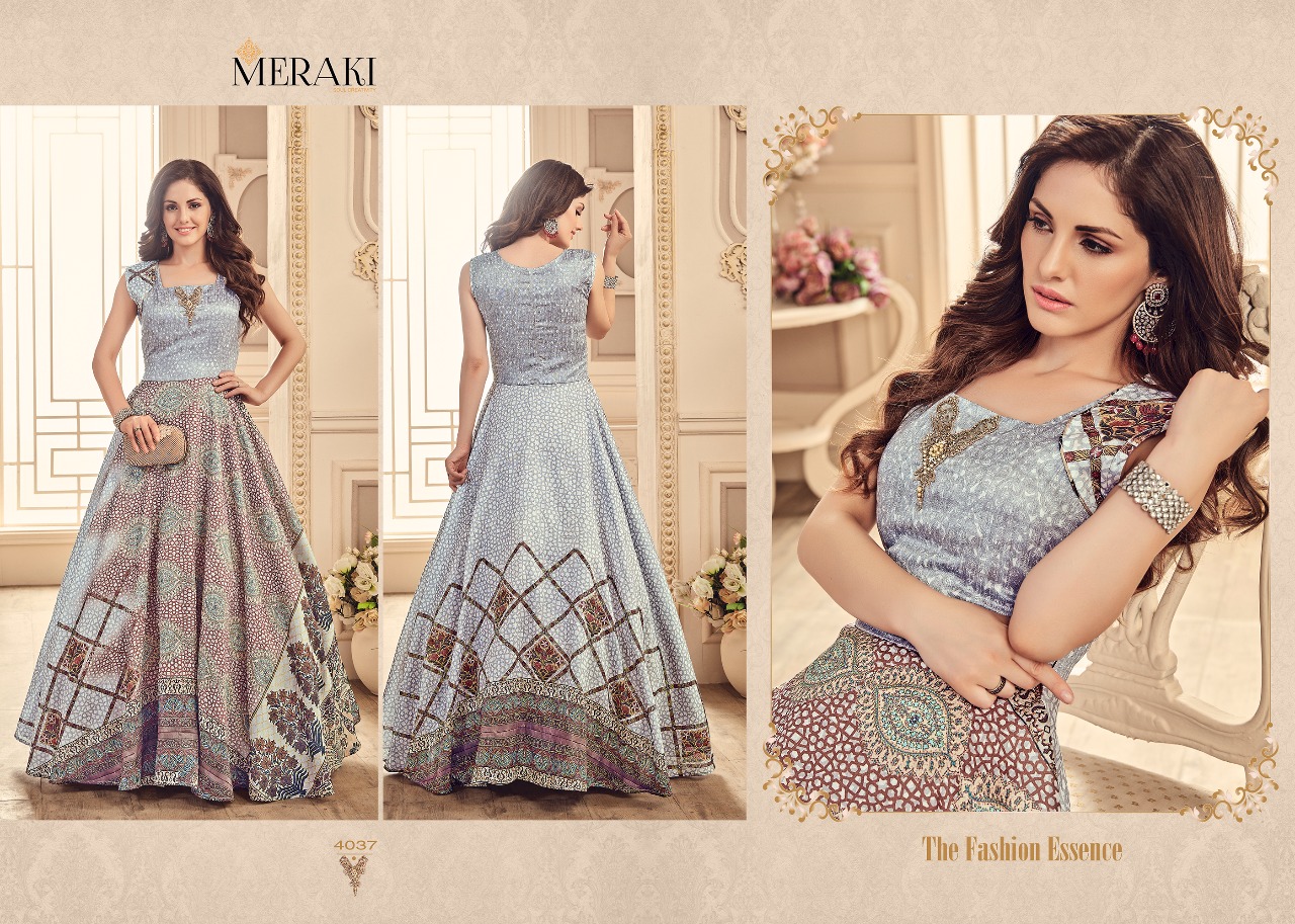 Nayra By Meraki 4037 To 4042 Series Designer Collection Gowns Beautiful Stylish Fancy Colorful Party Wear & Occasional Wear Heavy Modal Printed Gowns At Wholesale Price