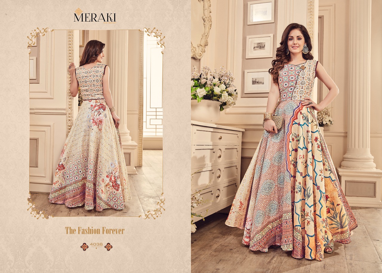 Nayra By Meraki 4037 To 4042 Series Designer Collection Gowns Beautiful Stylish Fancy Colorful Party Wear & Occasional Wear Heavy Modal Printed Gowns At Wholesale Price