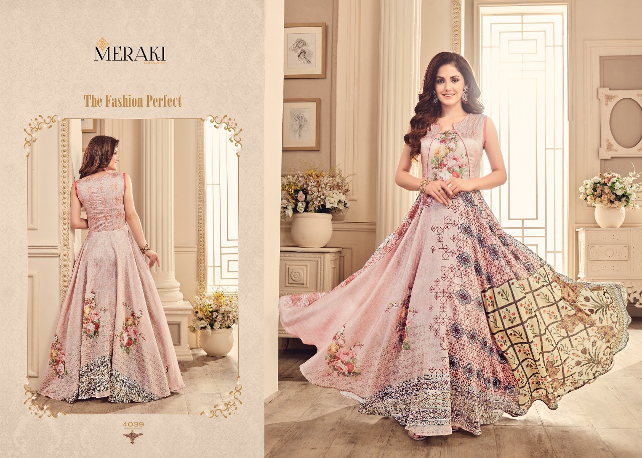 Nayra By Meraki 4037 To 4042 Series Designer Collection Gowns Beautiful Stylish Fancy Colorful Party Wear & Occasional Wear Heavy Modal Printed Gowns At Wholesale Price