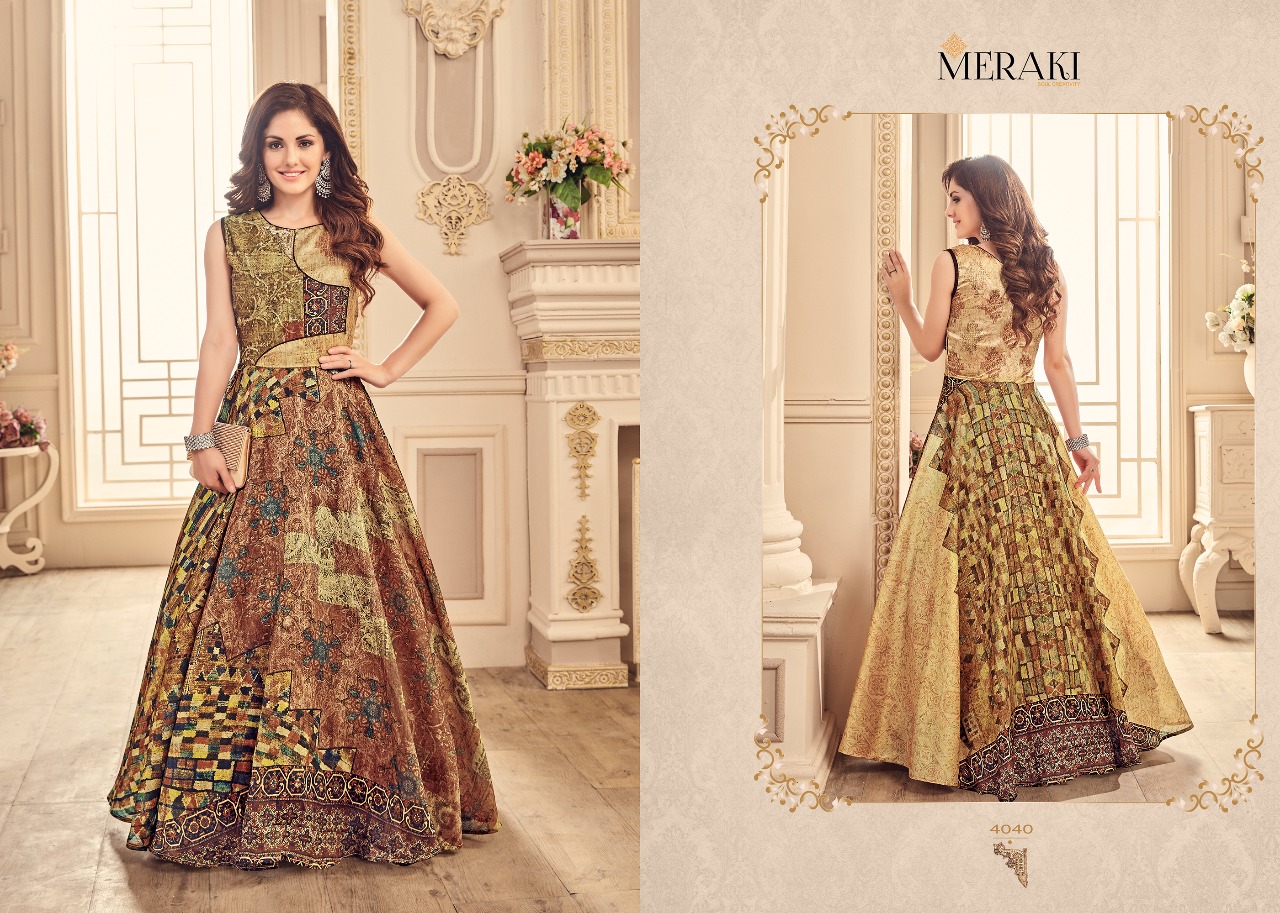 Nayra By Meraki 4037 To 4042 Series Designer Collection Gowns Beautiful Stylish Fancy Colorful Party Wear & Occasional Wear Heavy Modal Printed Gowns At Wholesale Price